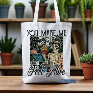 White Tote Bag with Skeleton and Floral Design